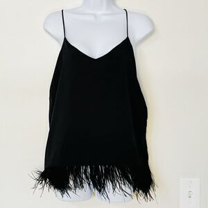 Amaryllis Spaghetti Strap Camisole Feather Trim Blouse Black Small Lined
